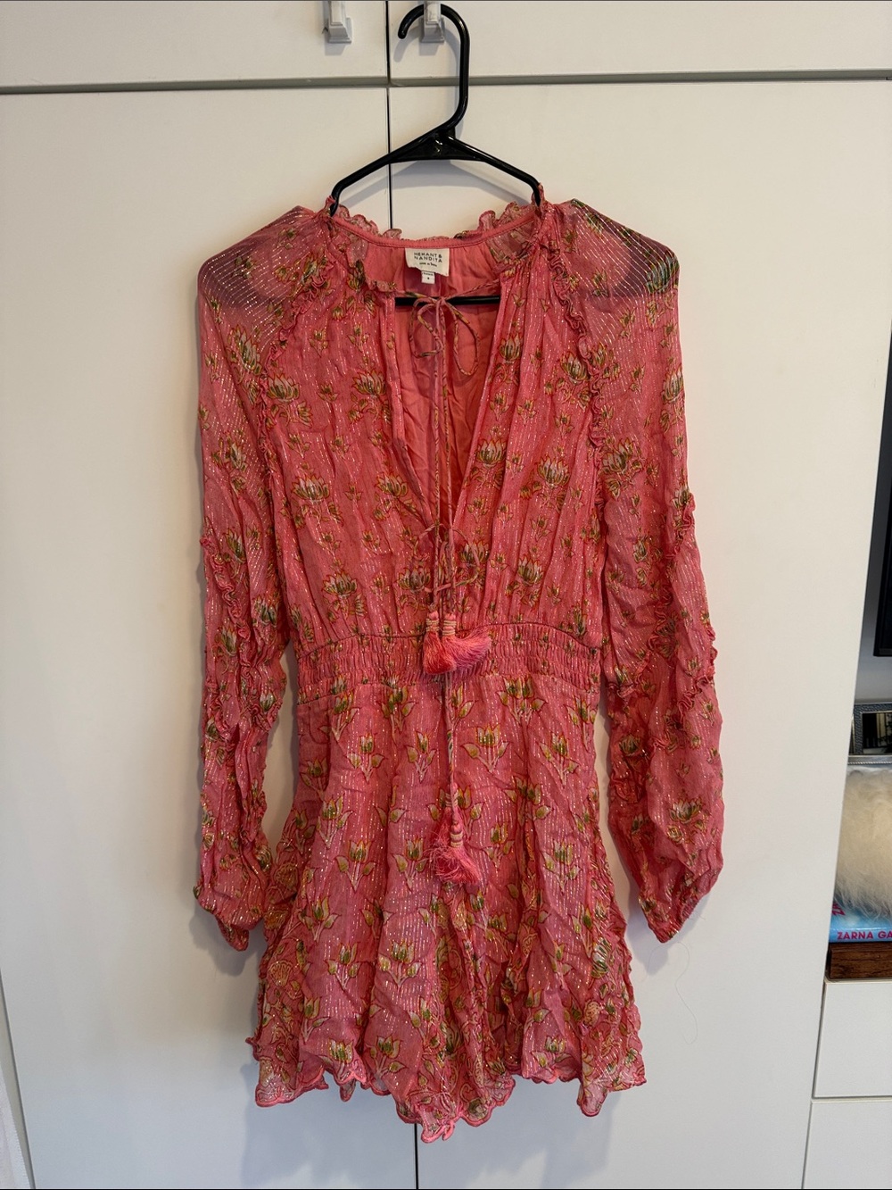 HEMANT & NANDITA Coral-Pink Floral Tie-Neck Long-Sleeve Mini Dress